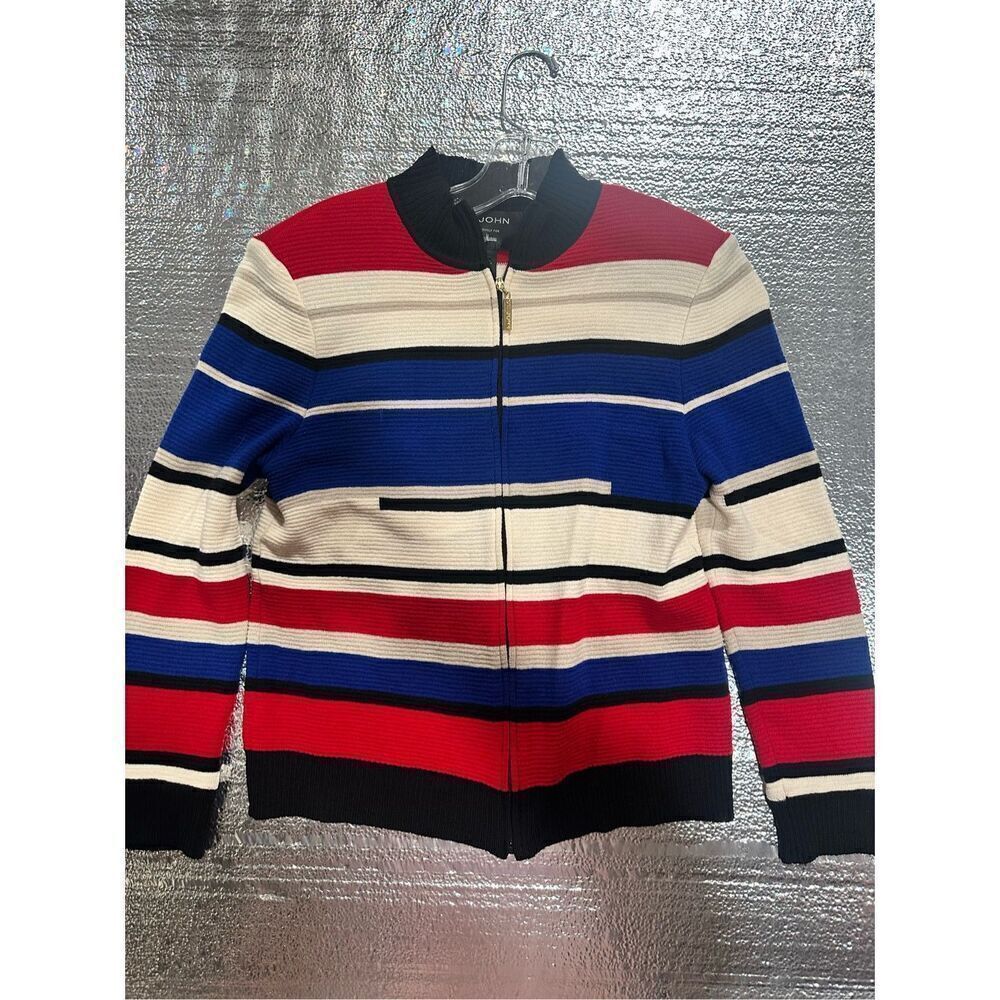 St. John Full Zip Ribbed Red, Cream & Blue Jacket, Size S